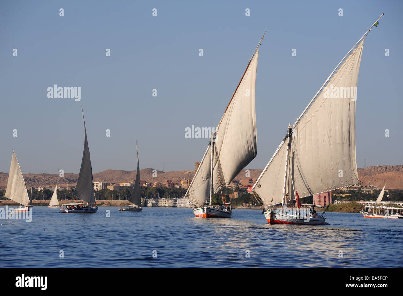 Egypt Aswan felucca boats ply the Nile River Stock Photo - Alamy