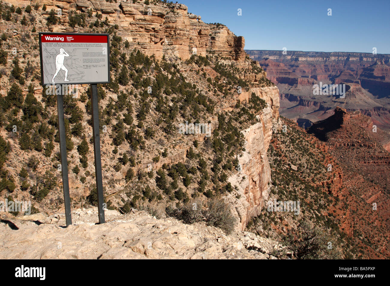 warning sign to hikers not to hike too far in a day on the bright angel trail grand canyon national park arizona usa Stock Photo