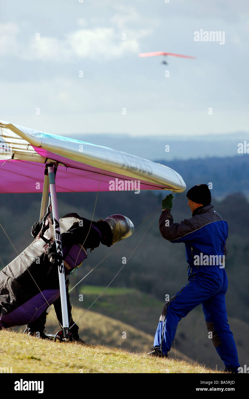 Hang glider waiting to launch on Westbury Hill Wiltshire UK Stock Photo