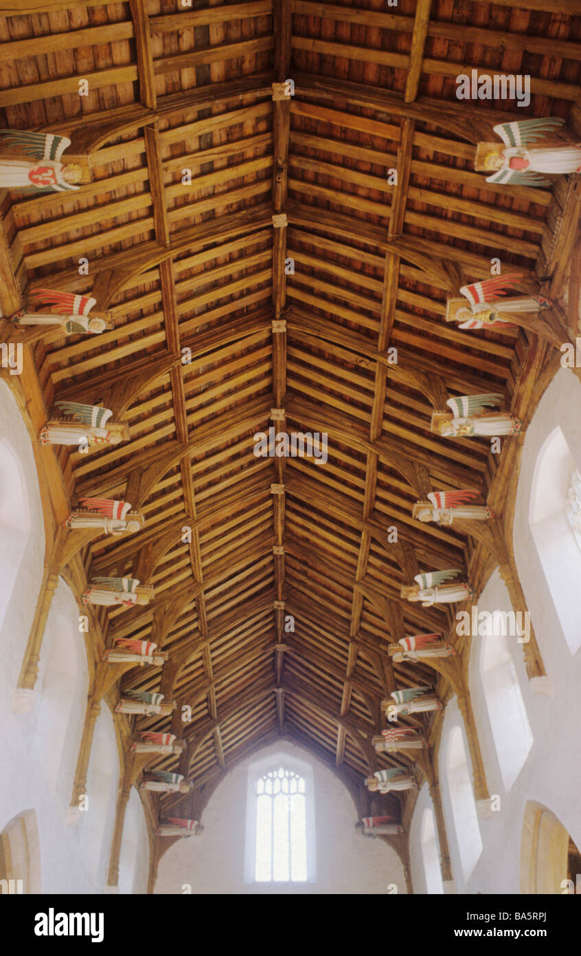 Angel hammerbeam nave roof ceiling South Creake St. Mary Mary's Church interior Norfolk East Anglia Anglian churches England UK Stock Photo
