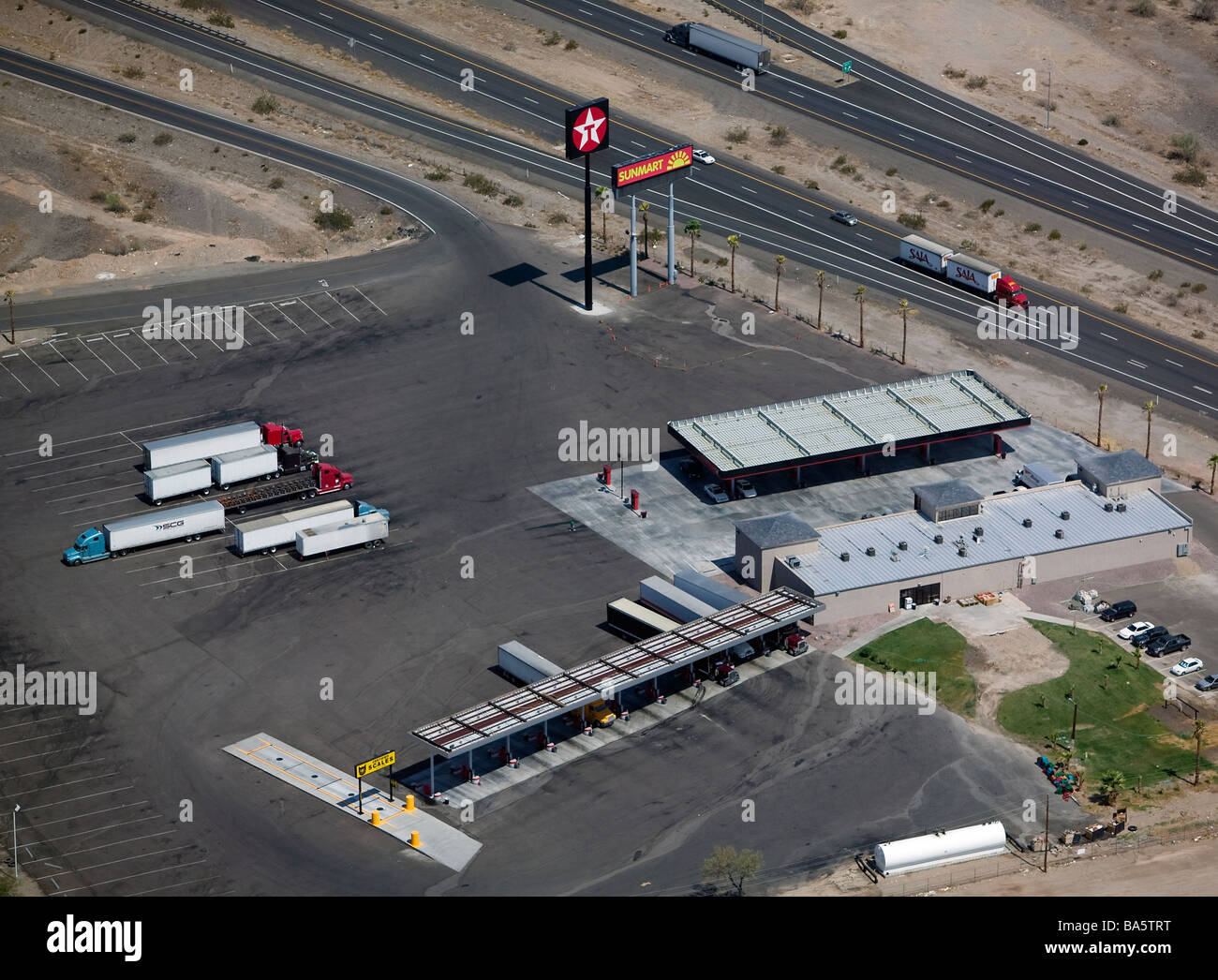 aerial view above Texaco lorry truck stop gas filling station along interstate 10 Arizona Stock Photo