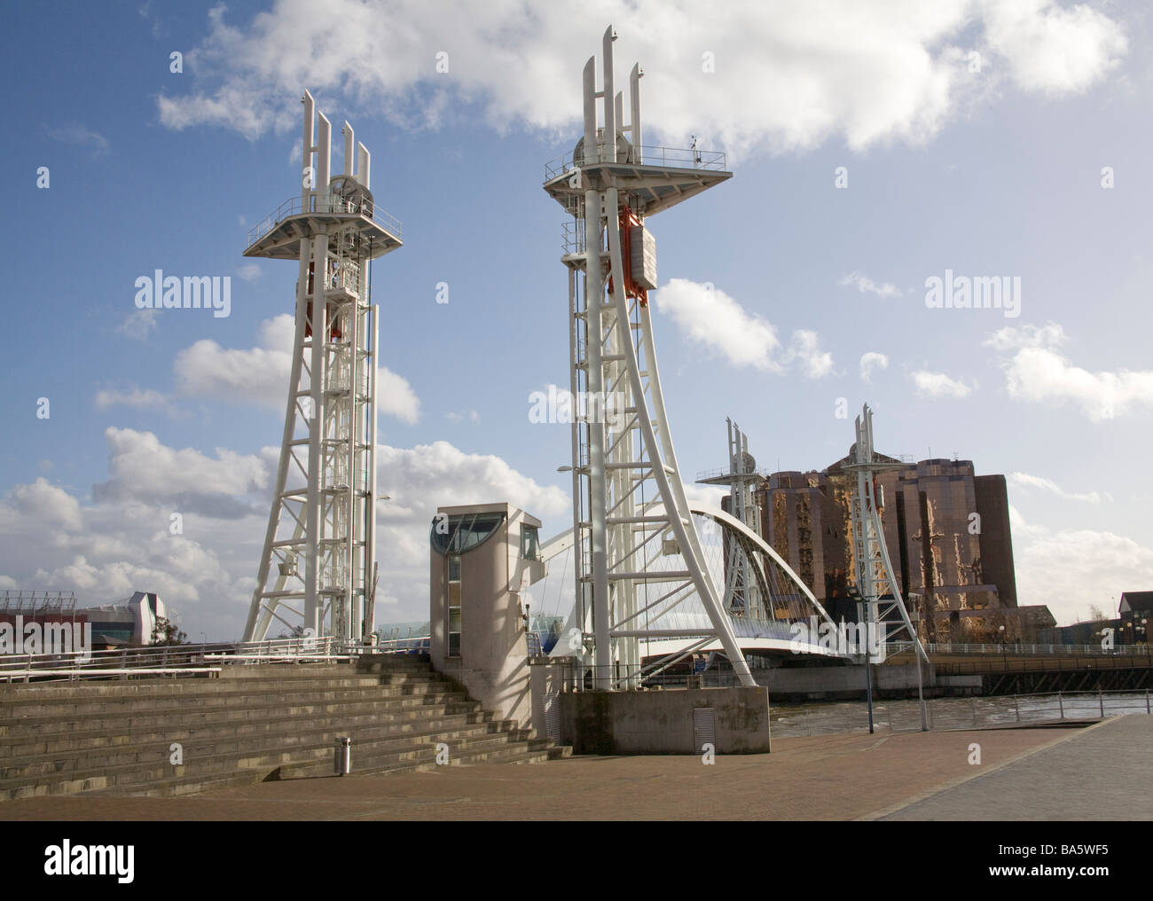 Salford Quays Manchester England UK March Looking along the Lowry bridge a footbridge over the Manchester Ship Canal Stock Photo