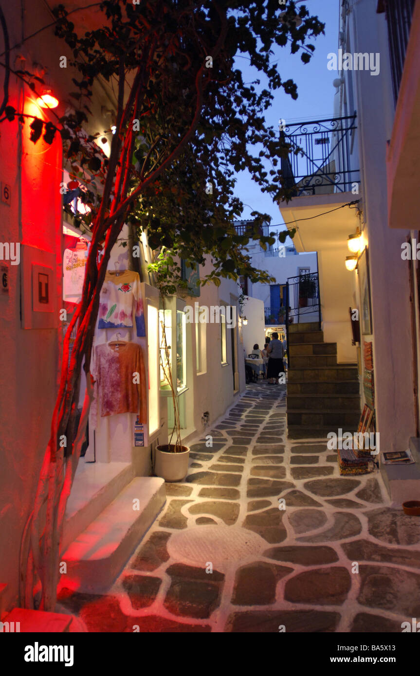 Greece island Mykonos Chora alley illumination evening Europe Kykladen Mediterranean-island Mykonos-Stadt island-main-place Stock Photo