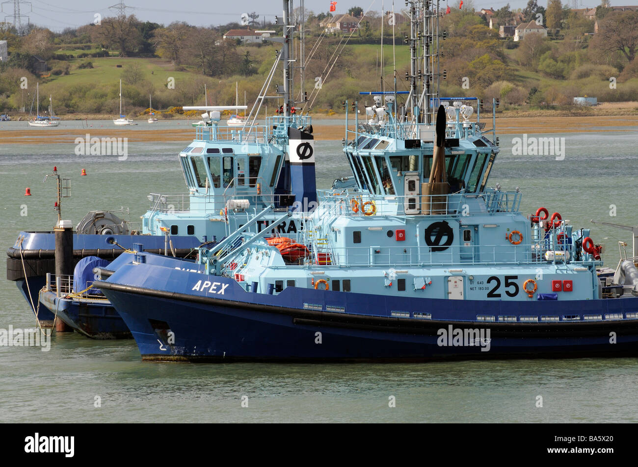 Ocean going tugs moored at Fawley on Southampton Water southern England UK Stock Photo
