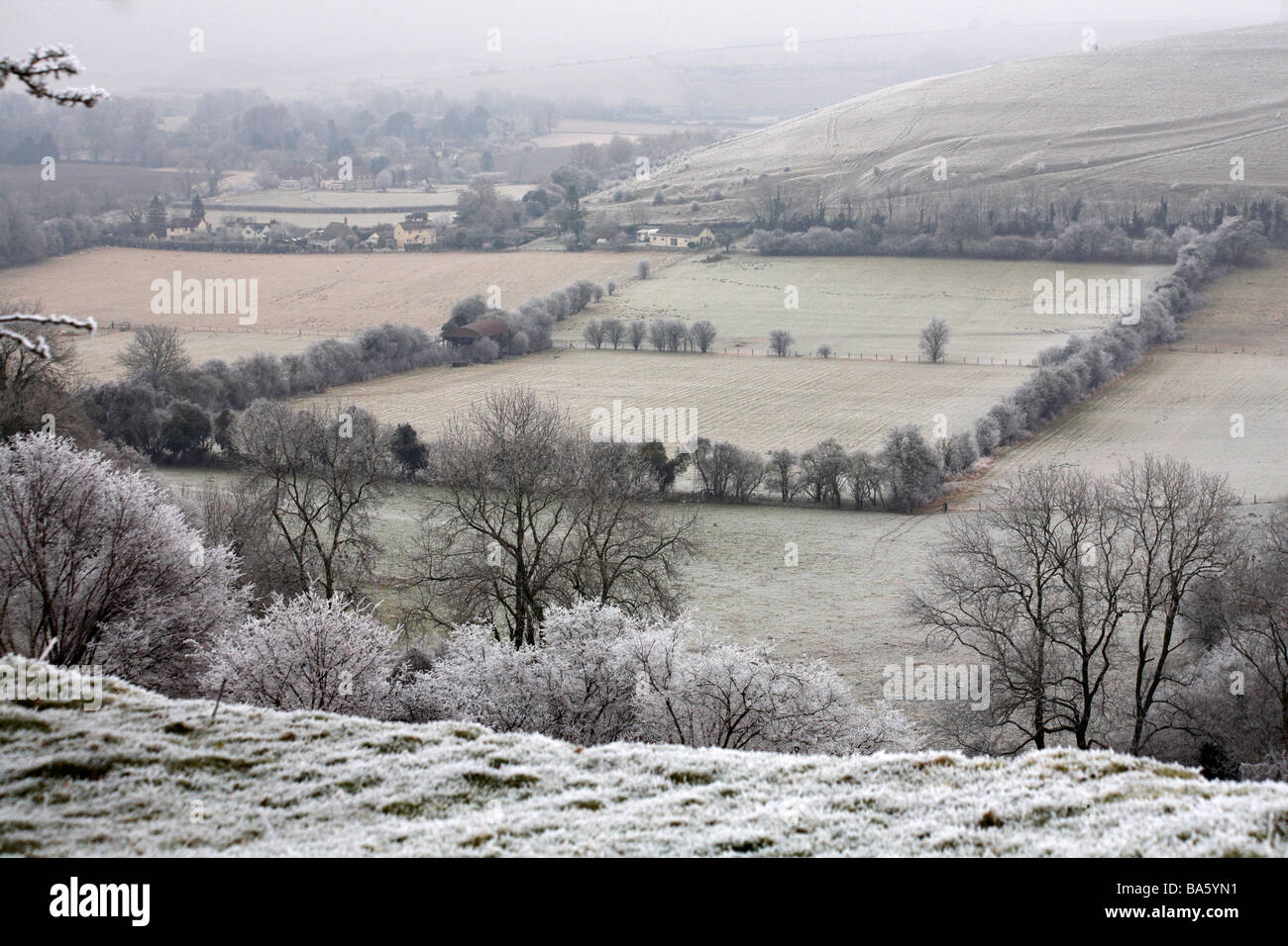 countryside covered with hoar frost hoarfrost at Wiltshire, UK in January Stock Photo