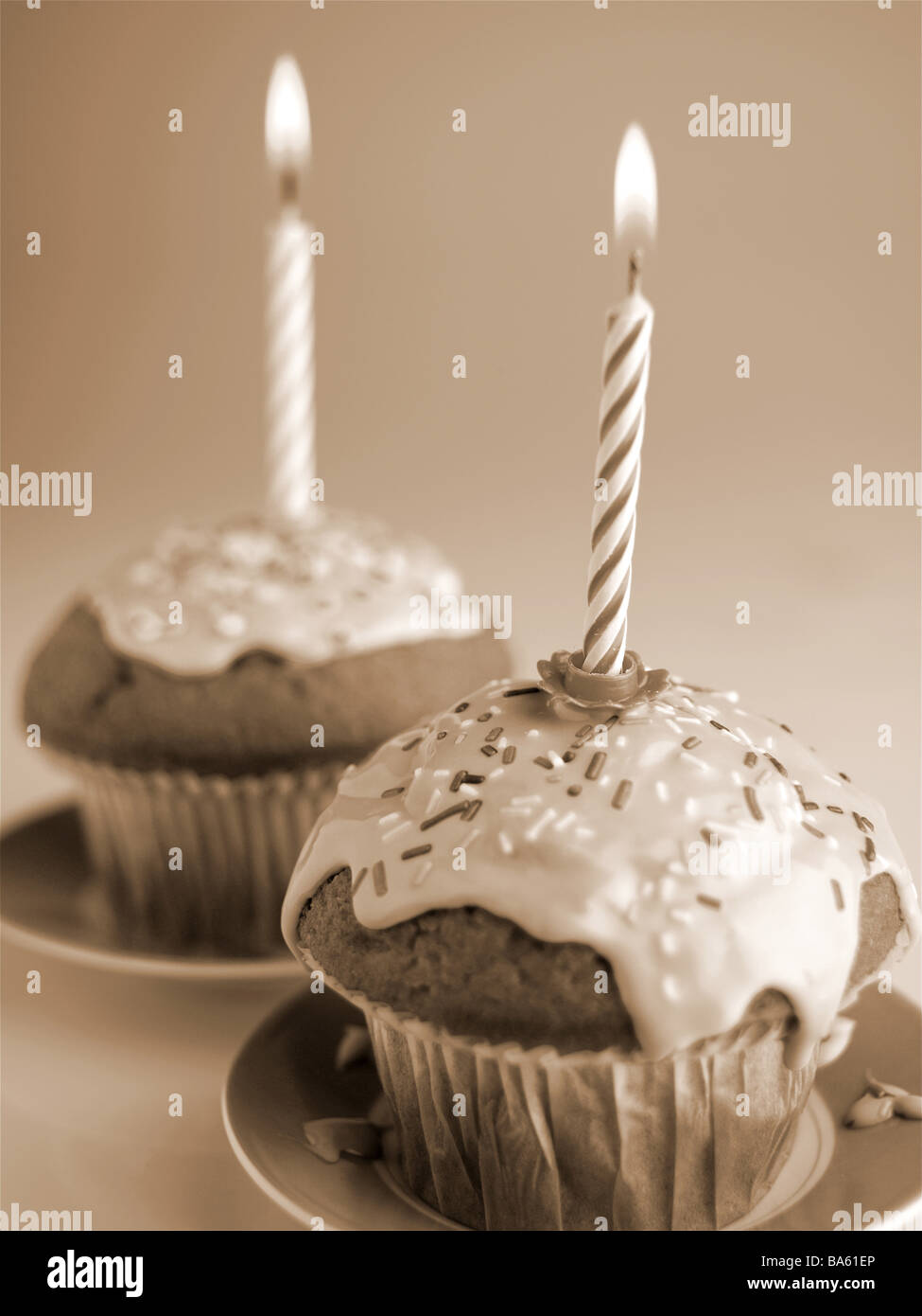 Birthday cakeplates muffins candles s/w stings sepia series plates