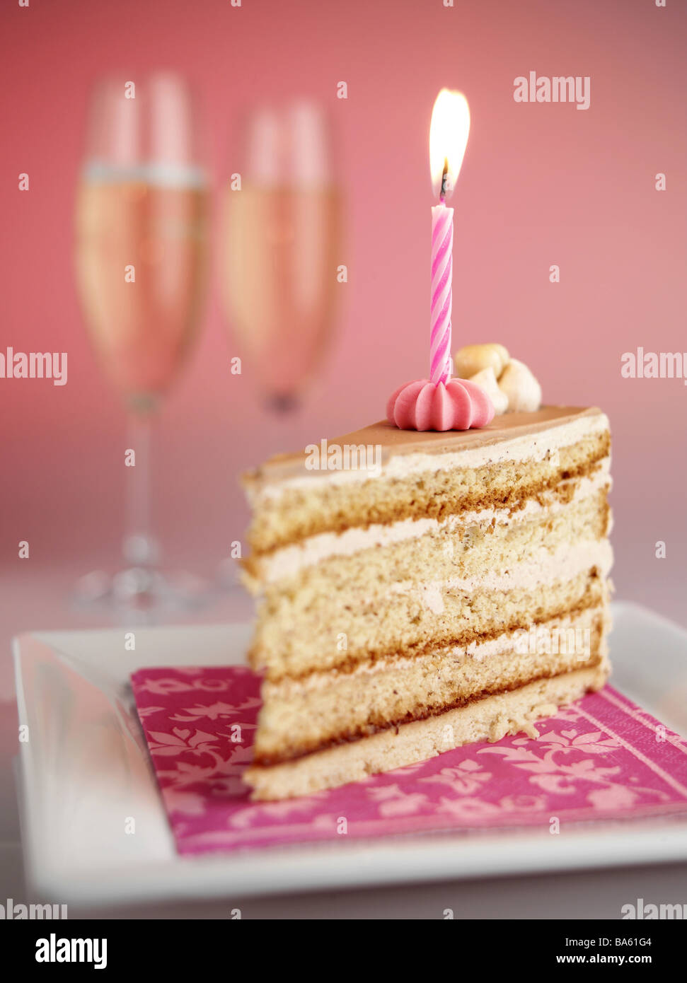 Birthday Pie Piece Candle Burns Background Champagne Glasses Stock