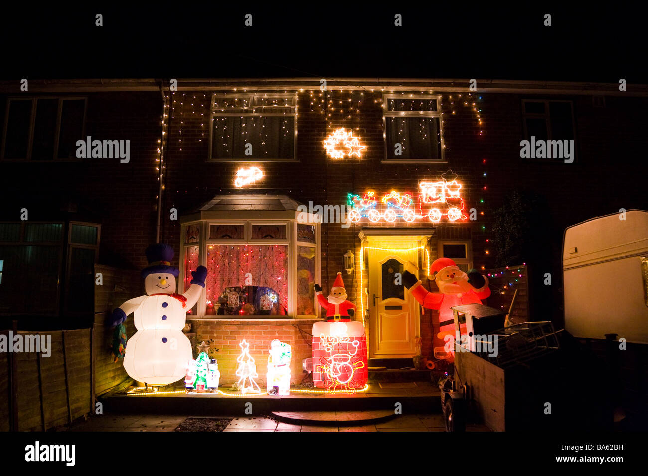 Christmas lights on the front of a house in Suffolk, UK Stock Photo Alamy