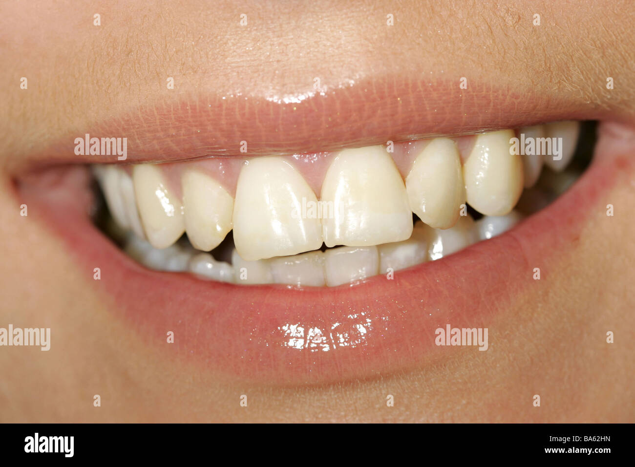 Woman face mouth close-up young mouth-part lips teeth smiles knows denture Sinnesorgan tastes speaks expression happy close-up Stock Photo