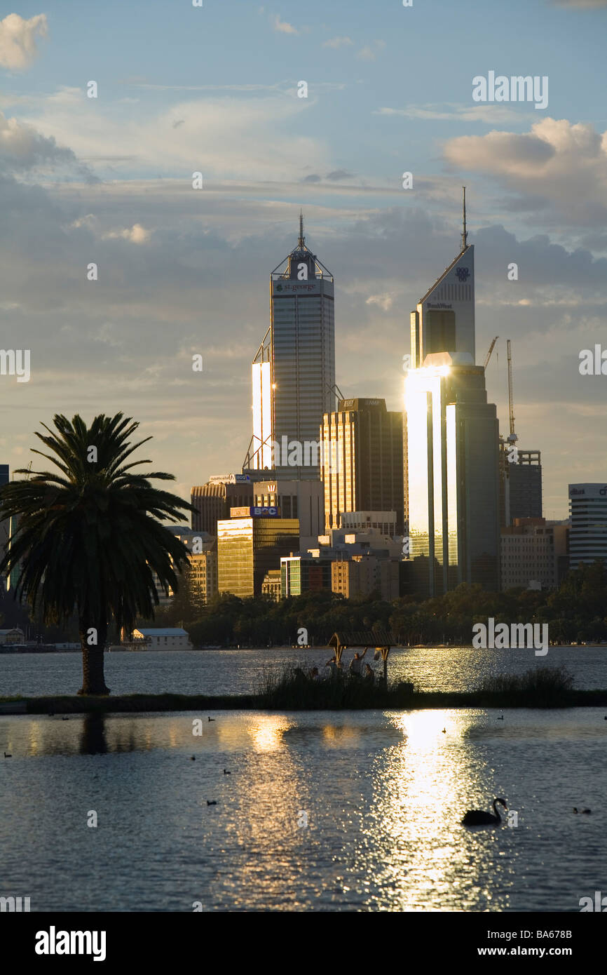 View across James Mitchell Park to the Swan River and Perth city, at sunset.  Perth, Western Australia, AUSTRALIA Stock Photo