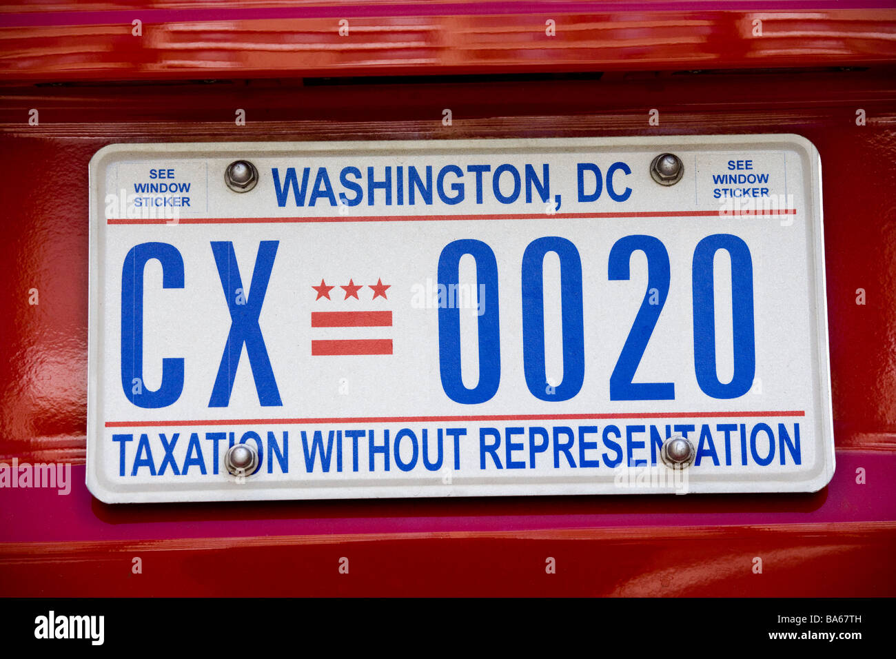 A Washington DC car license plate with the slogan: Taxation without representation. Stock Photo