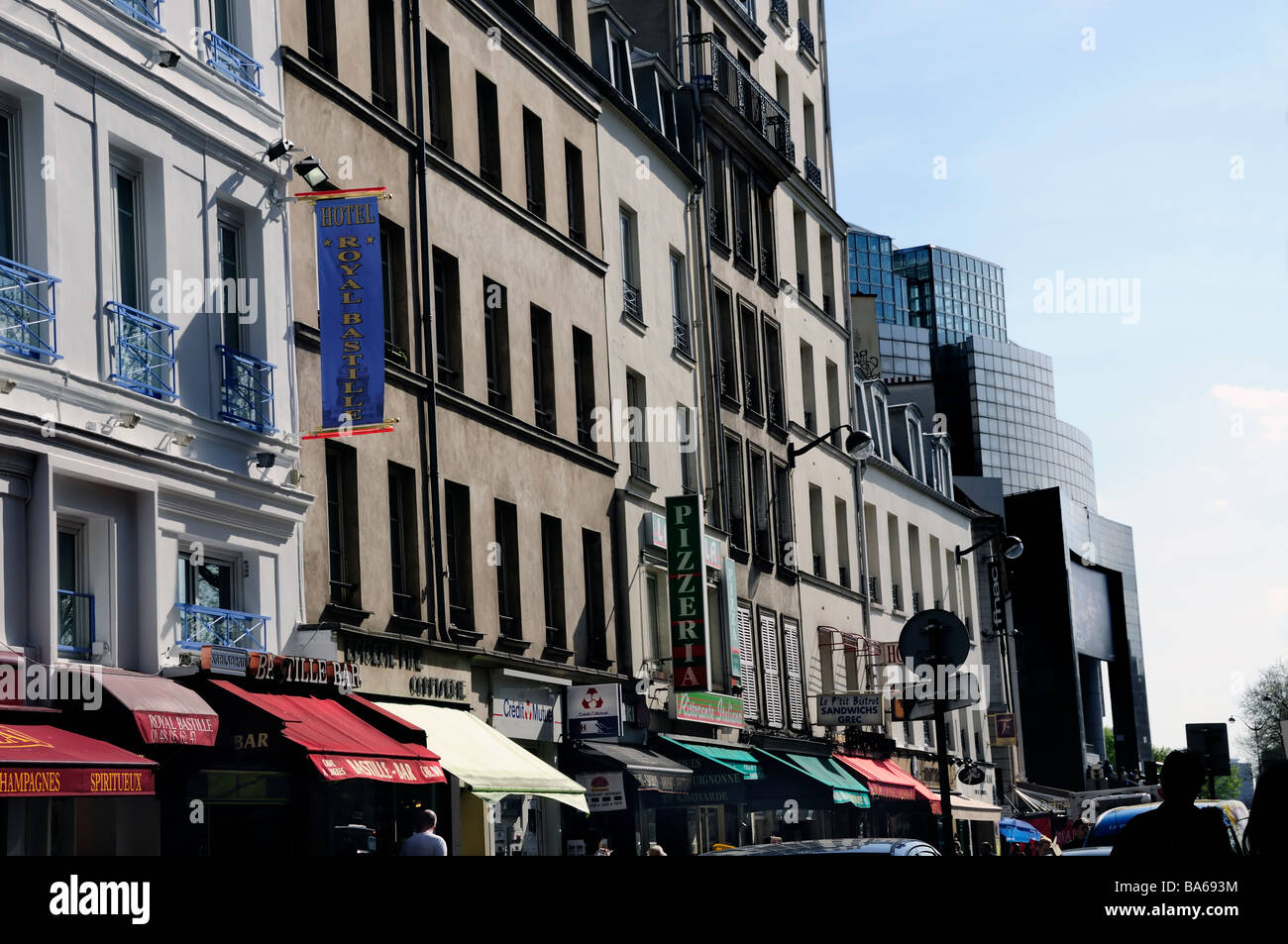 Paris France, Street Scene Real Estate, housing Place de la Bastille 'Rue de la Roquette', Old Building Façades Stock Photo