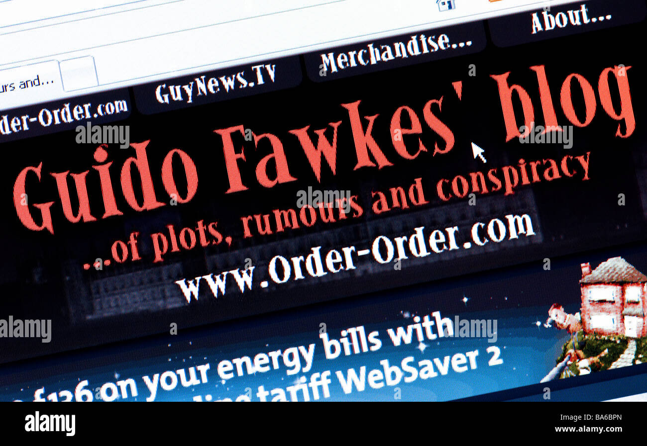 Macro screenshot of Guido Fawkes website - the high profile UK political blog of Paul Staines (Editorial use only) Stock Photo