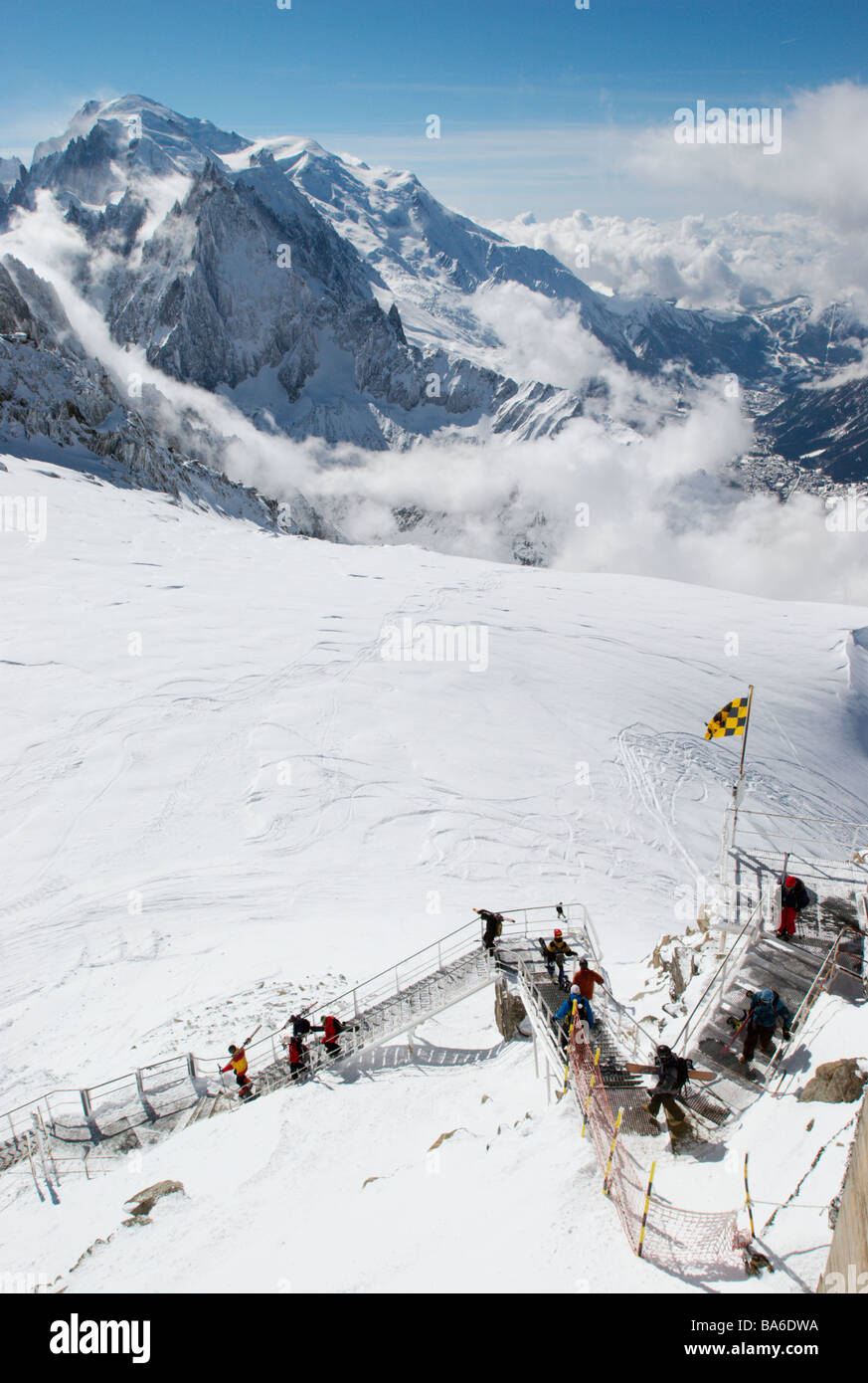 Skiers on top of Grands Montets top cable car, Argentiere, France Stock ...