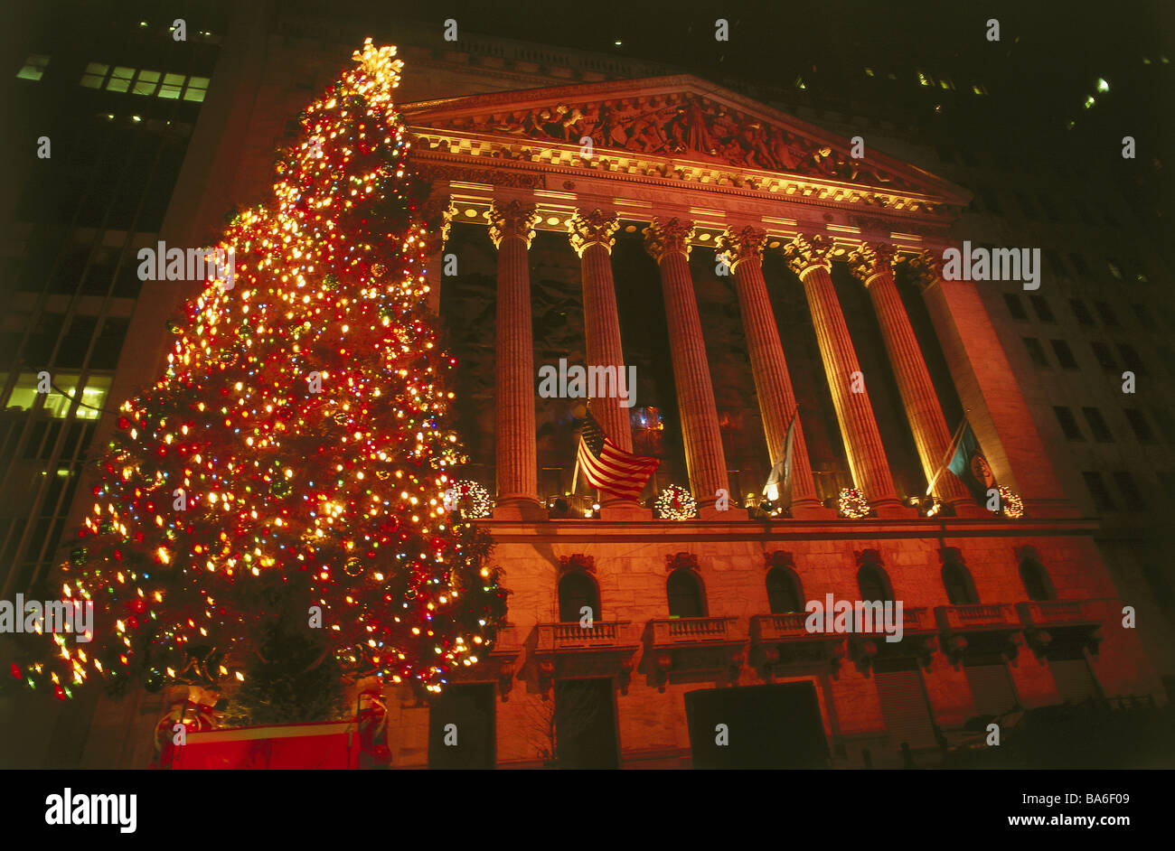 USA New York city Manhattan embankment Street stock exchange Christmas-tree night North America buildings construction Stock Photo