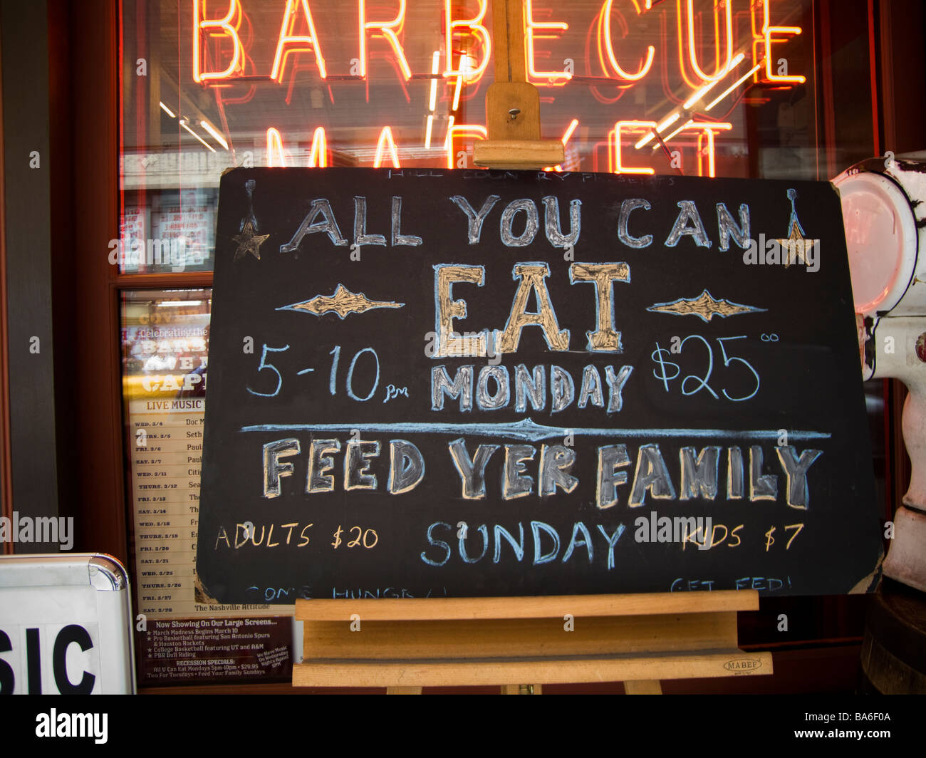 All you can eat sign at Hill Country Barbecue in New York on Sunday March 29 2009 Richard B Levine Stock Photo