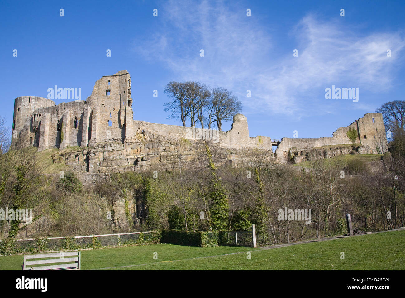 Barnard Castle County Durham England UK March The ruins of the Norman Castle perched on a rocky crag above this market town Stock Photo