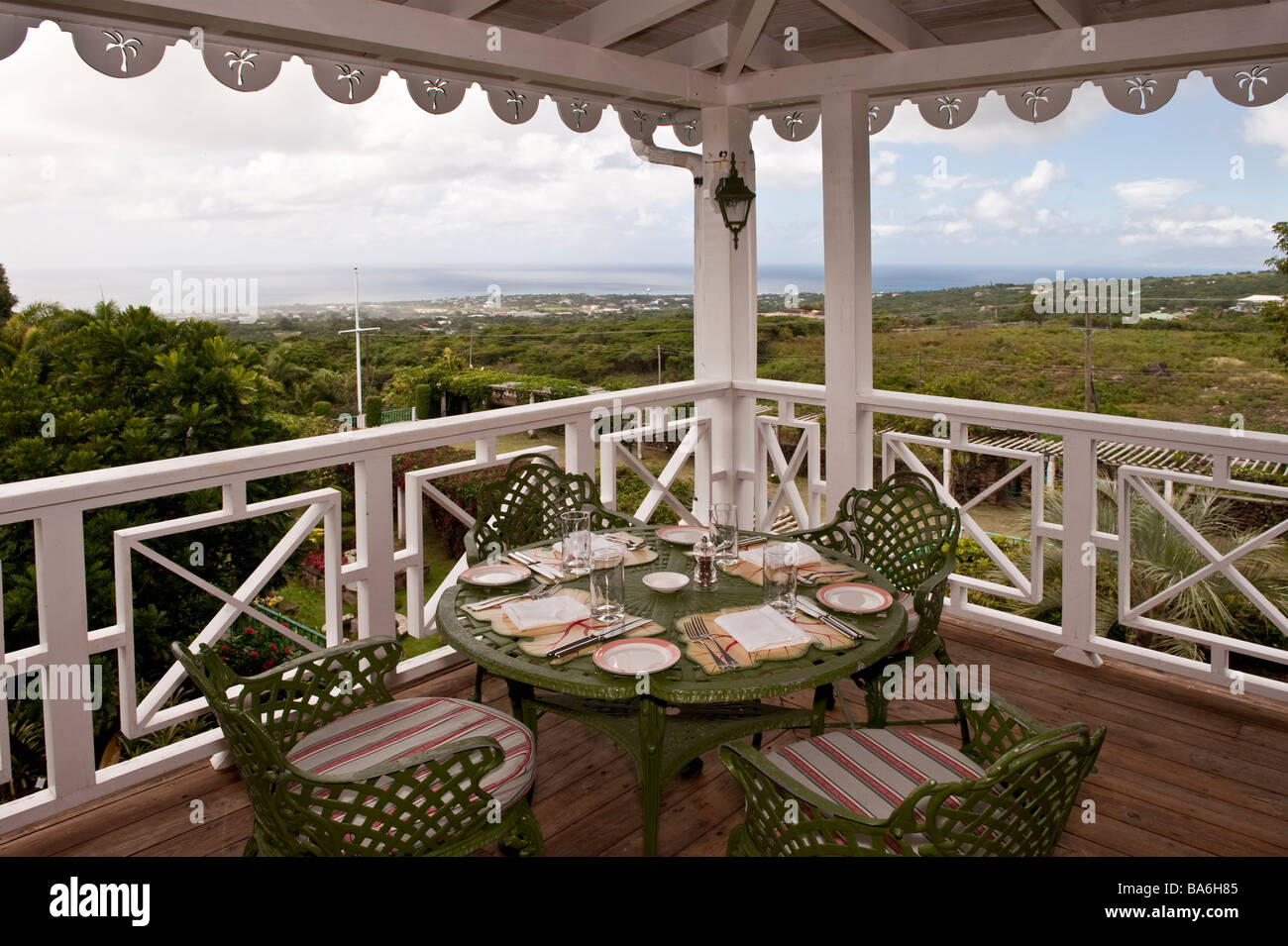 View from the verhanda of 1787 restaurant in the Botanical Gardens of Nevis Stock Photo