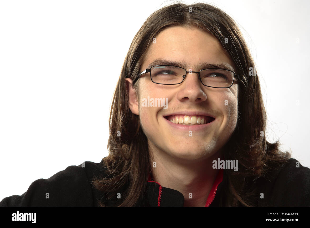 Give birth glasses smiles portrait people teenager teenagers youth 16 years dark-haired long-haired glasses-bearers Sehschwäche Stock Photo