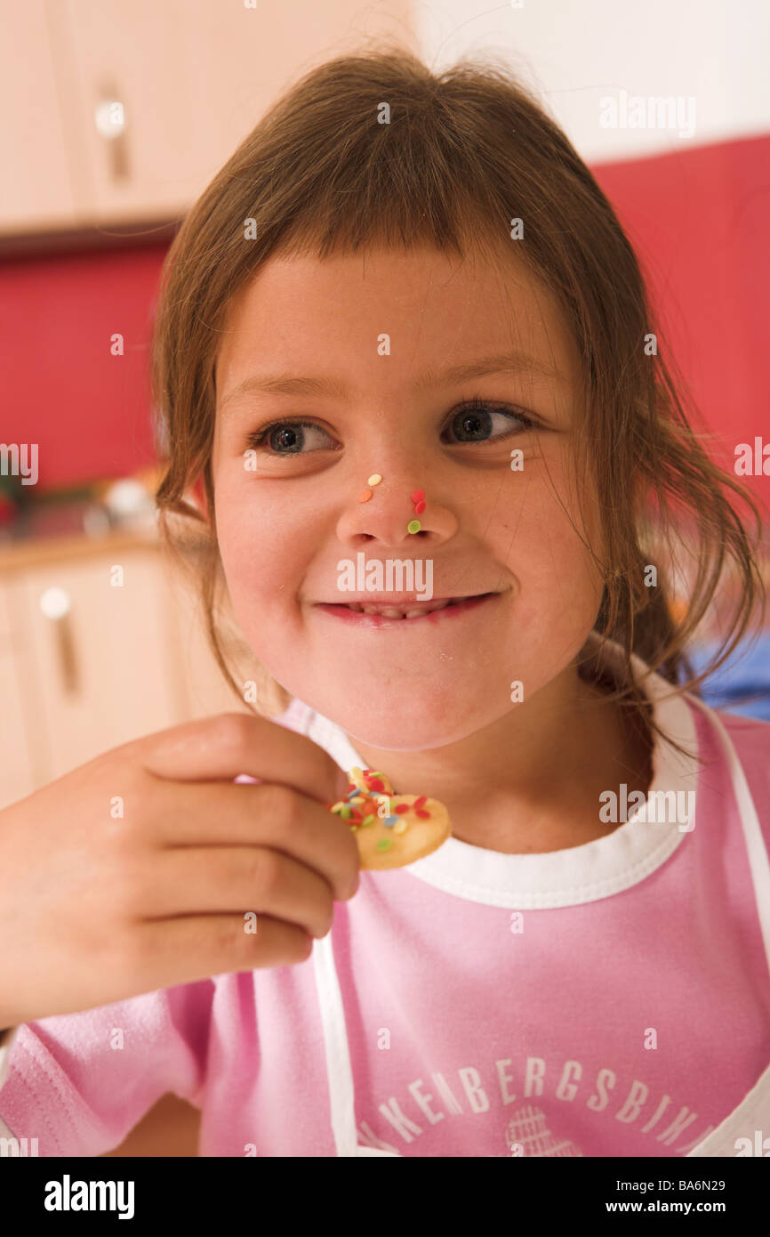 Bakes Kitchen Child Girls Cheerfully Places Decorated Jokes Eats
