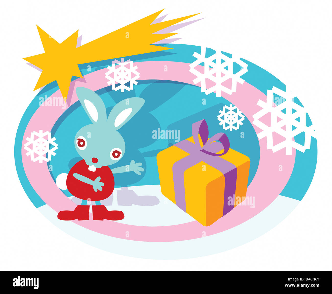 Illustration hare gift snowflakes meteoroid Christmas time pre-Christmas time Advent-time Christmas Christmas-like little hare Stock Photo