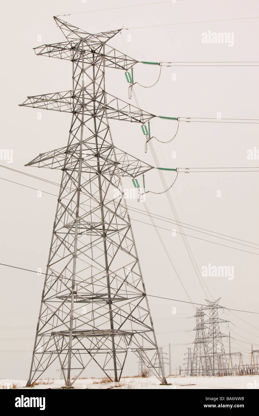 Electricity pylons near Heihe in northern China Stock Photo