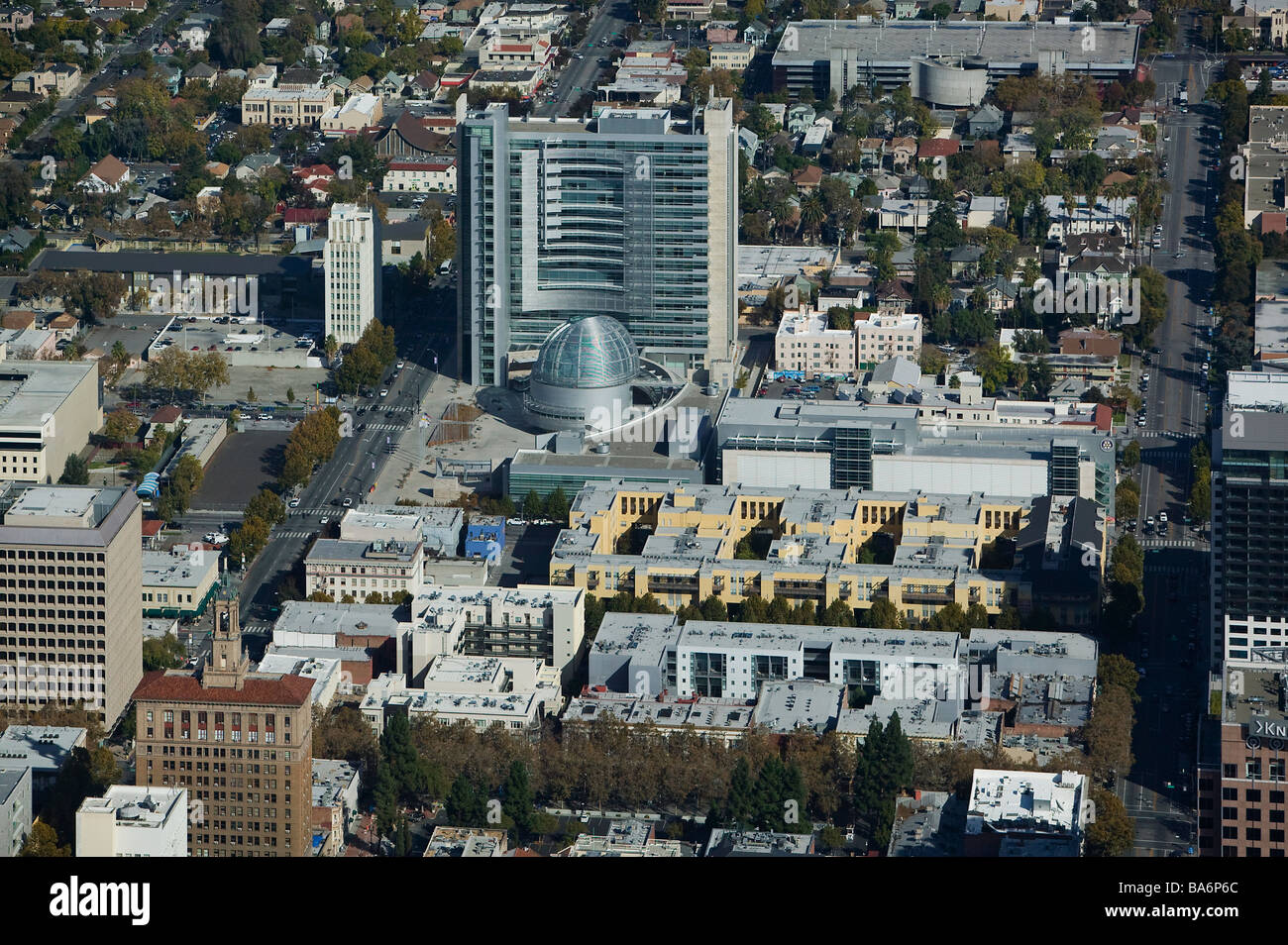 aerial view above San Jose California city hall Stock Photo