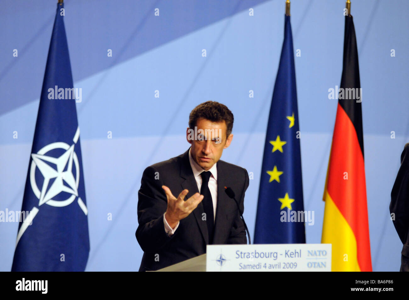 French president Nicolas Sarkozy addressing a press conference during a NATO summit in Strasbourg, France. Stock Photo