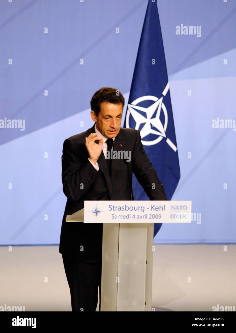 French president Nicolas Sarkozy addressing a press conference during a NATO summit in Strasbourg, France. Stock Photo