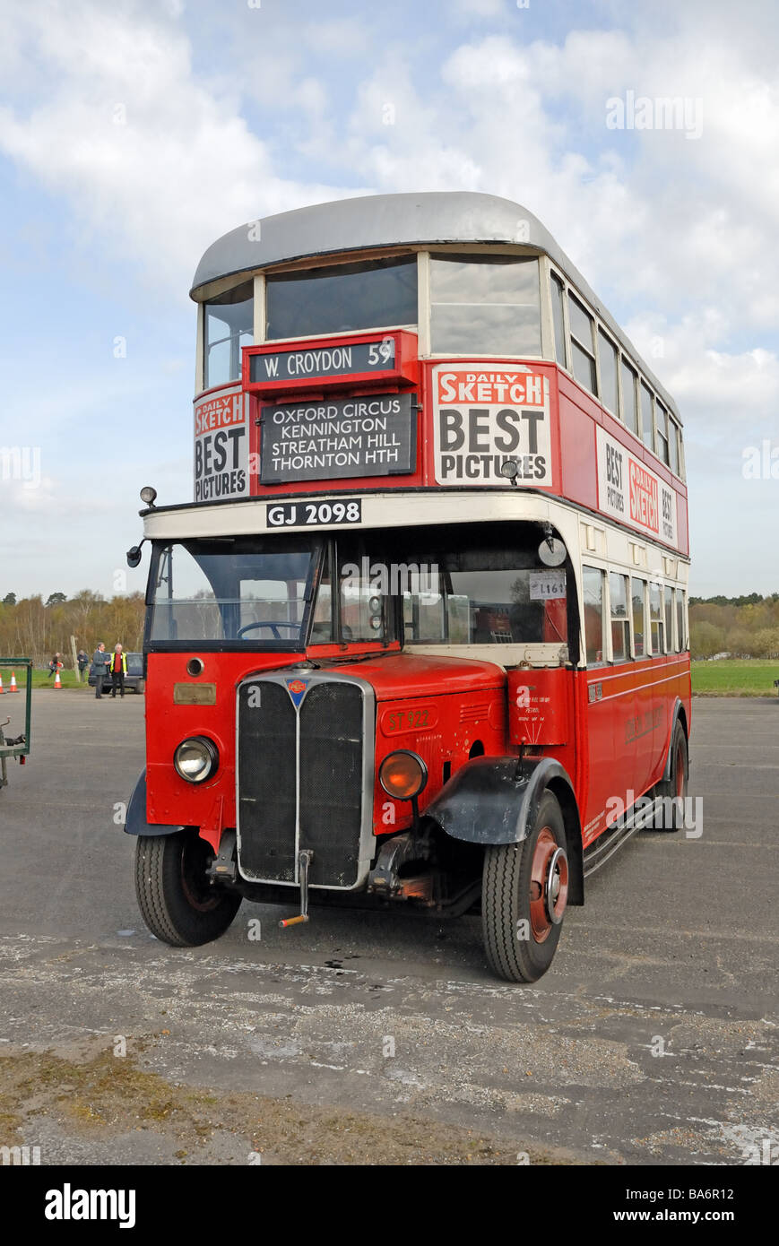 Front view of GJ 2098 a ST922 1930 2ST7 AEC Regent Tilling H27 25RO bus with an open stair 52 seat body presented in 1930s LT co