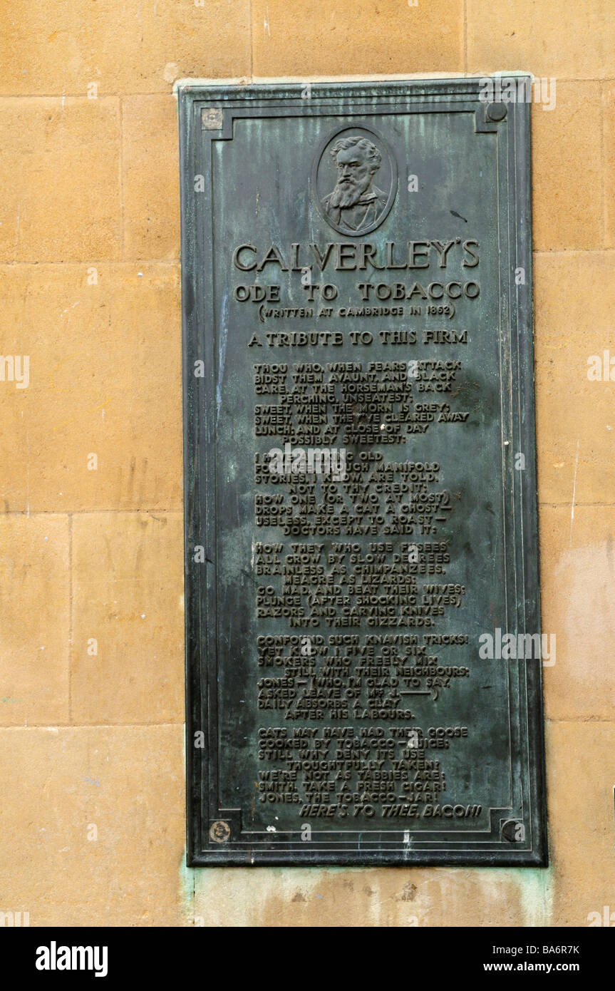 Plaque with Calverley's ode to Tobacco, Rose Crescent, Cambridge England Uk  Stock Photo