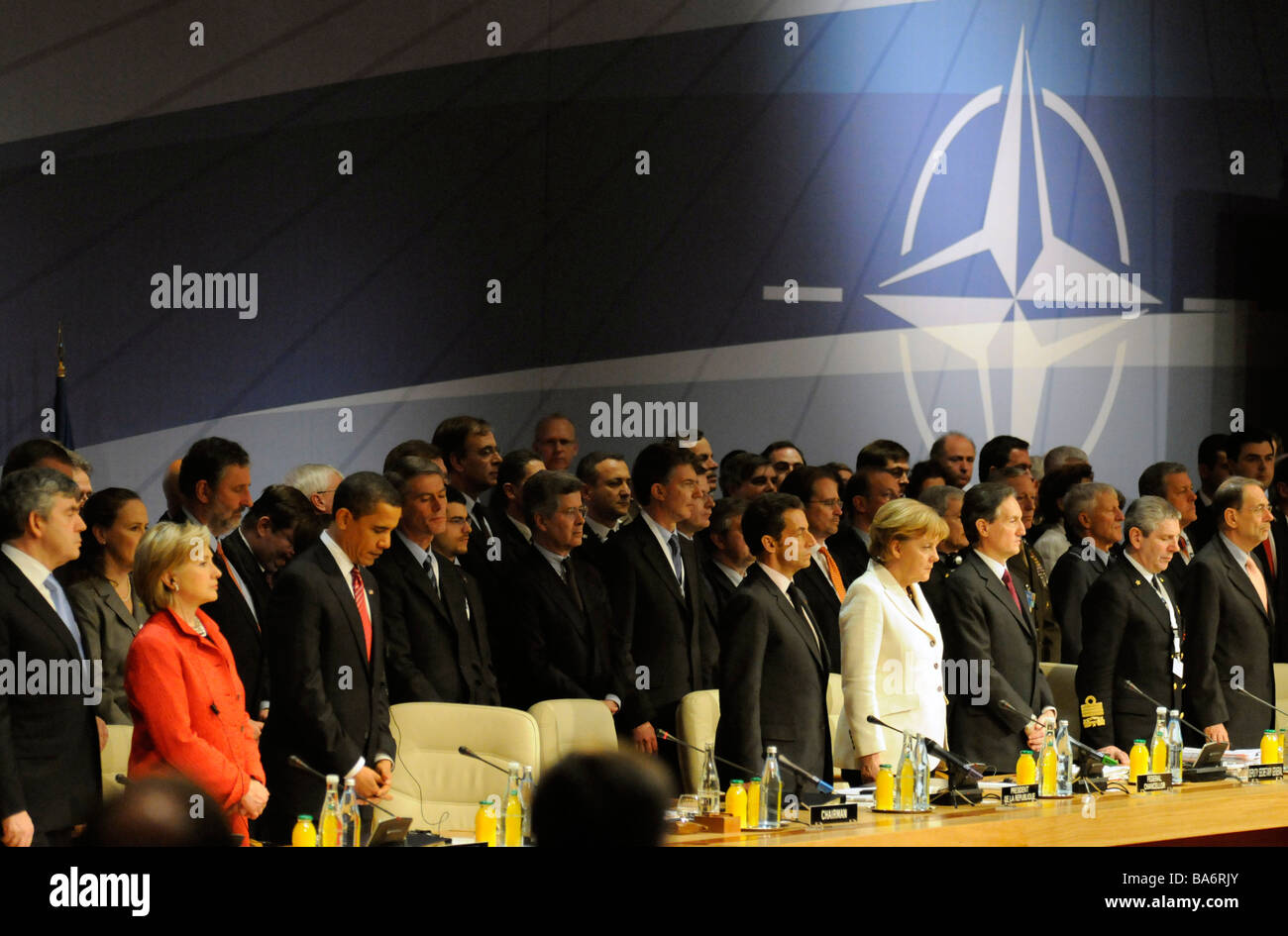 Leaders of NATO including Gordon Brown, Barack Obama, Nicolas Sarkozy, and Angela Merkel during the 2009 Strasbourg summit. Stock Photo