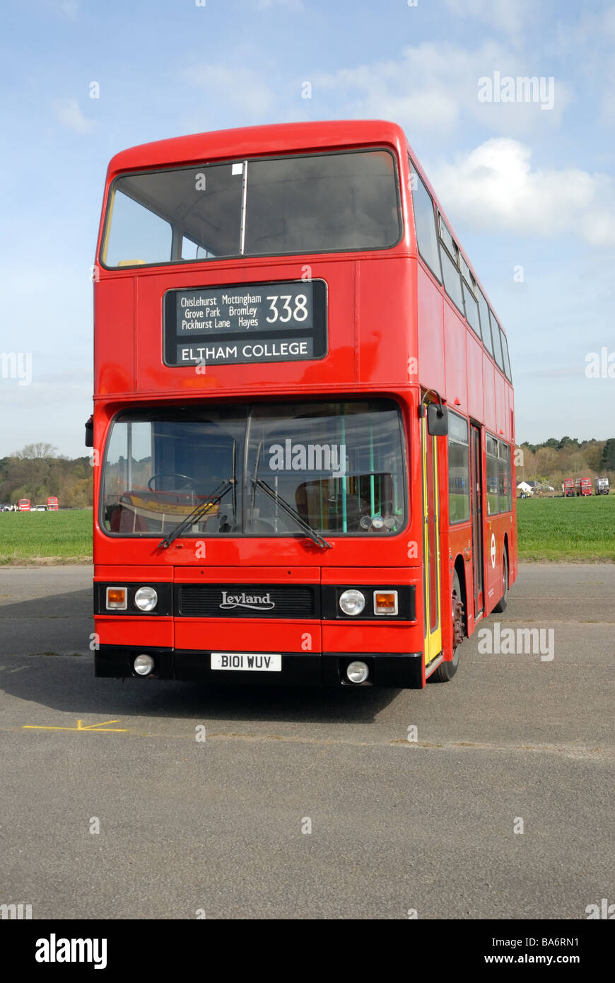 Front view of B101 WUV 1984 Leyland Titan T1101 at the Cobham Bus Museum Annual Spring Bus Coach gathering at Wisley Airfield Stock Photo