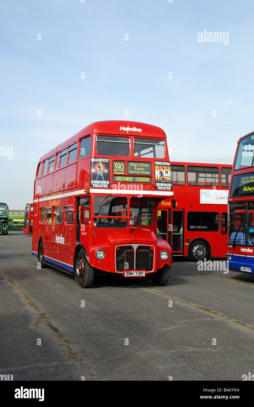 Front view of SMK 731F a 1967 Metroline Routemaster RML 2731 at the Cobham Bus Museum Annual Spring Bus Coach gathering at Wisle Stock Photo