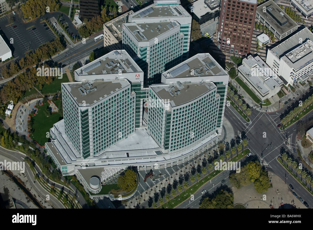 aerial view above Adobe Systems San Jose California corporate headquarters Silicon Valley Stock Photo