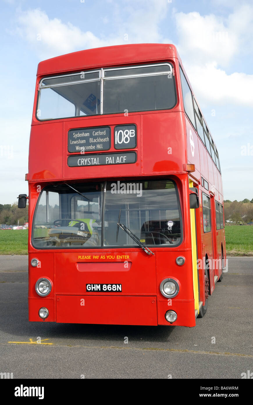 Front view of GHM 868N restored London Transport Daimler Fleetline DMS 1868 at the Cobham Bus Museum Annual Spring Bus Coach Stock Photo