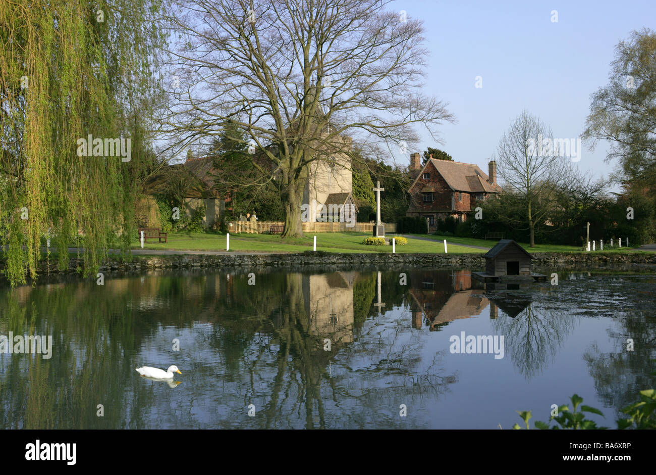Otford pond with church and duckpond Stock Photo