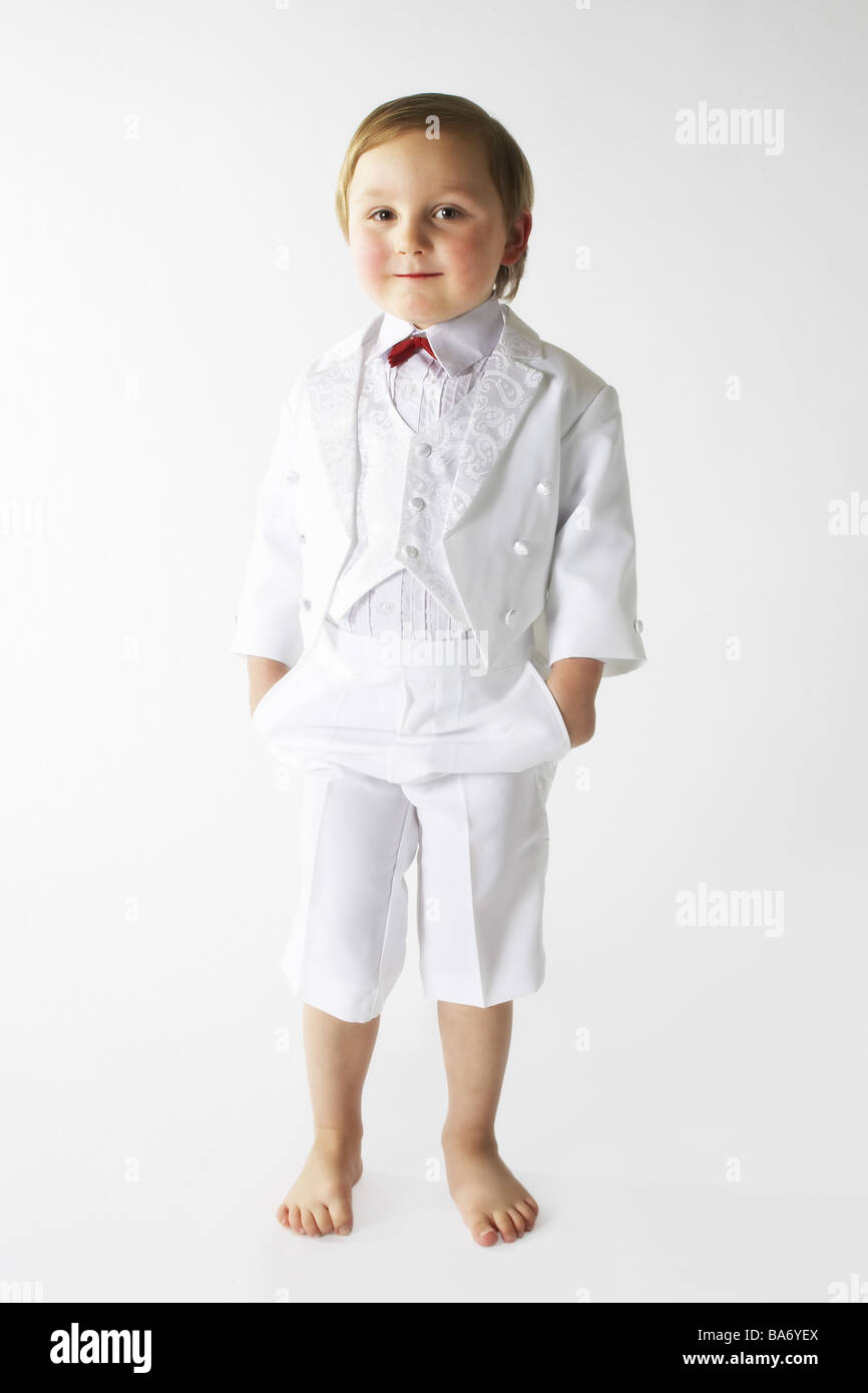 Give birth suit white gaze camera series child 3-4 years barefoot clothing vest fly party celebration cutely Stock Photo - Alamy