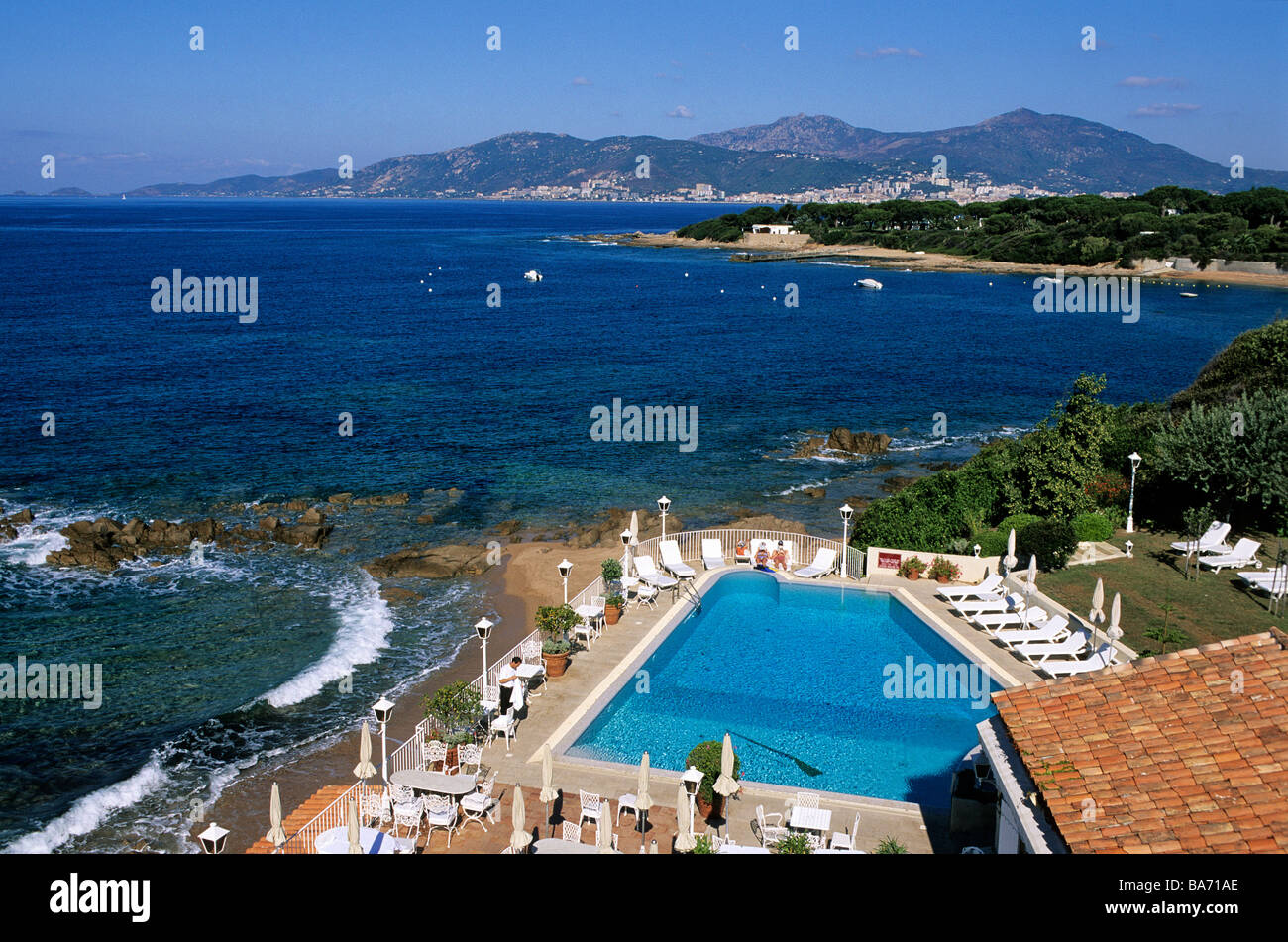 France, Corse du Sud, Porticcio, the Maquis Hotel with the swimming pool in the background Stock Photo
