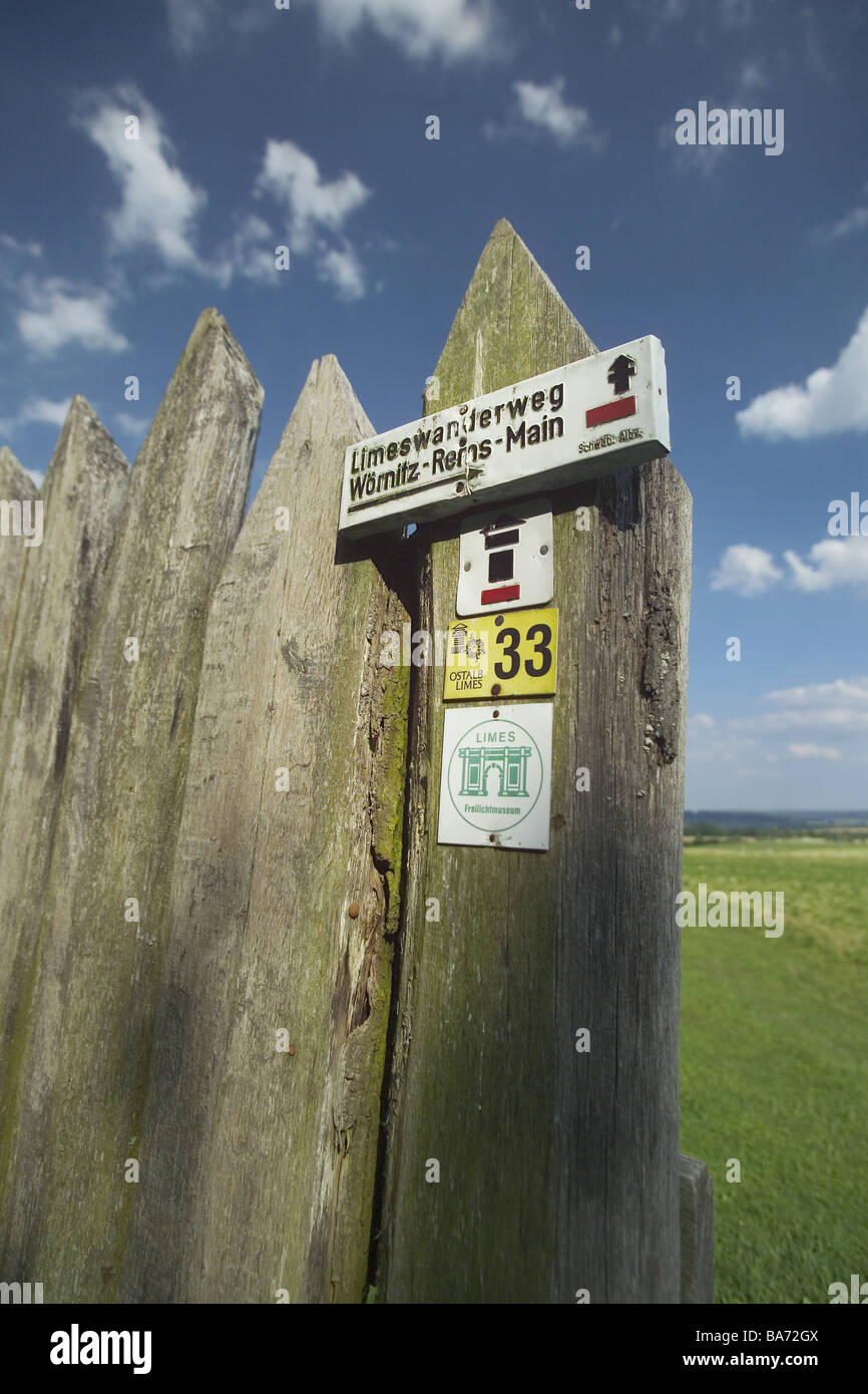 Germany Baden-Württemberg Rainau-Schwabsberg palisade detail signs footpath summers Obergermanisch-Rätischer Limes Limesstraße Stock Photo