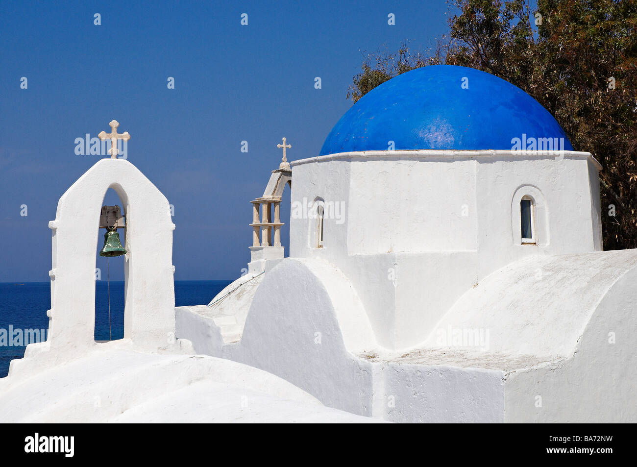 Greece, Cyclades, Mykonos Island, Hora, white Chapel with blue dome ...