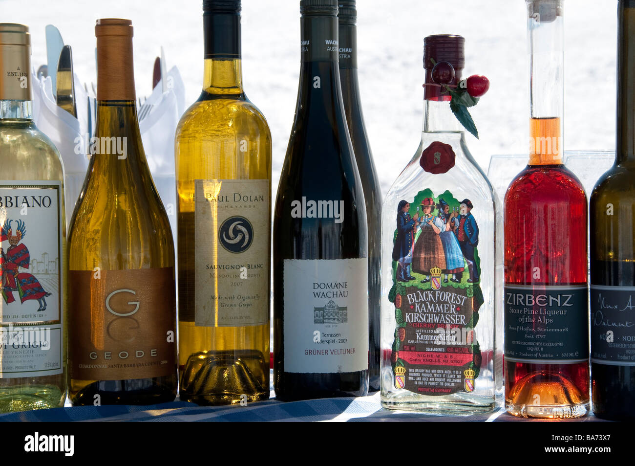 Wine bottles at the outdoor bar, Cloud Nine Alpine Bistro, Aspen Highlands Ski Area, Aspen, Colorado. Stock Photo
