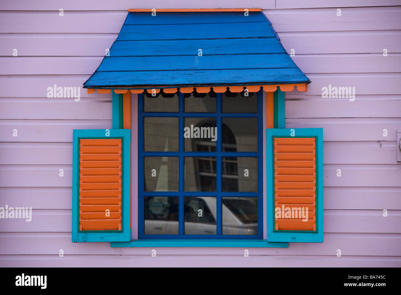 Unique colourful chattel house window in Barbados, "West Indies Stock