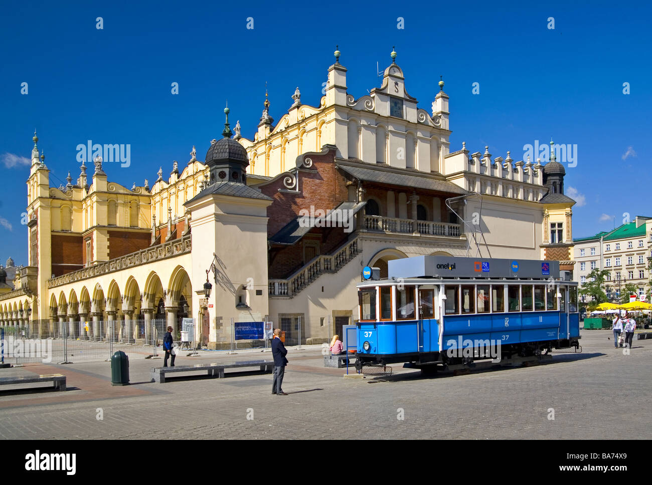 An antique tram near Cloth Hall on the Main Market in Cracow Poland Stock Photo
