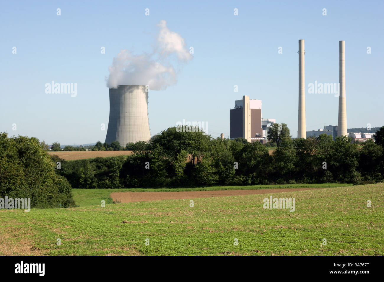 Germany Baden-Württemberg Heilbronn steam power-work chimneys smoke Europe economy industry energy Heizkraftwerk coal-fired Stock Photo
