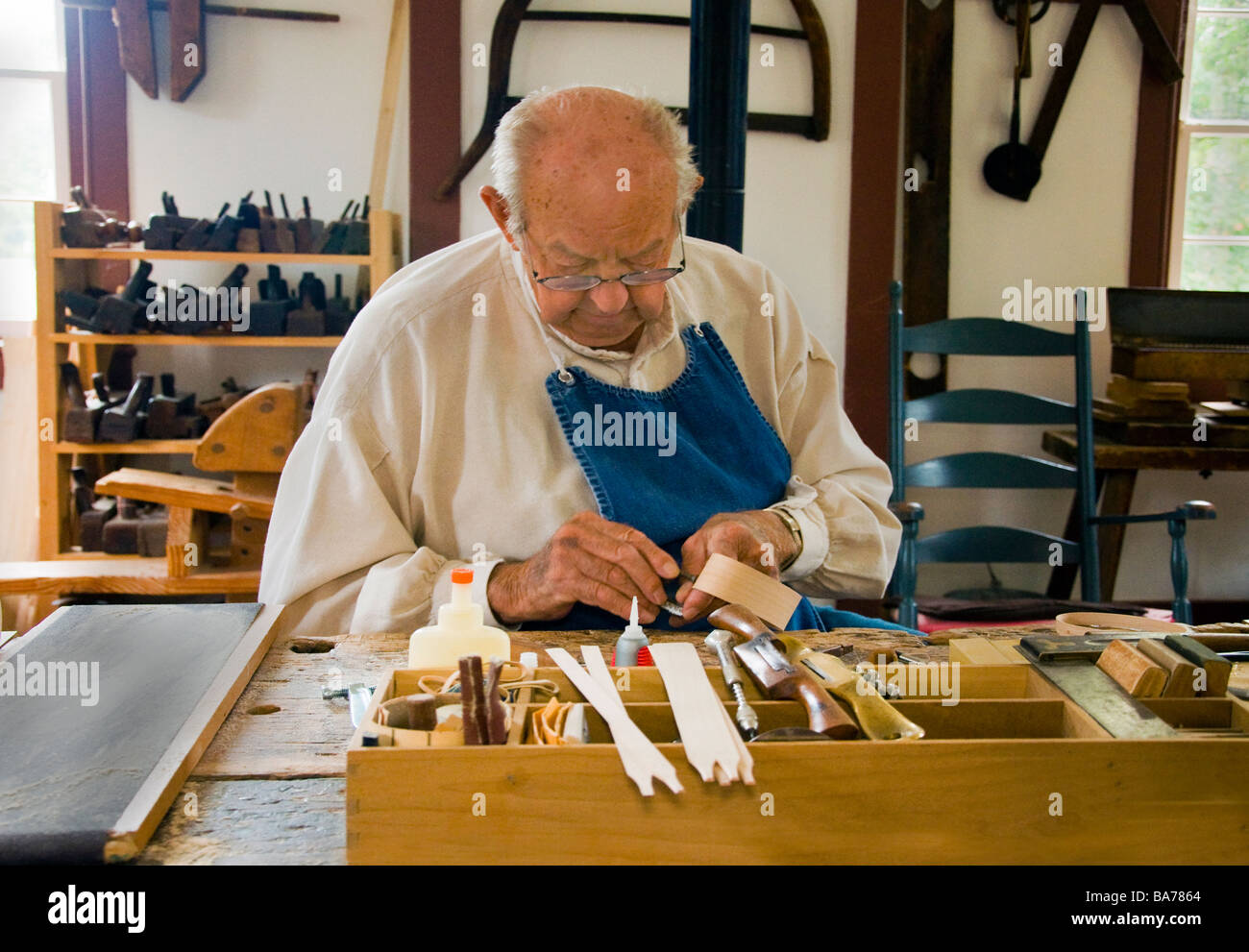 Woodworker at Shaker Village of Pleasant Hill in Shaker Hill, Kentucky Stock Photo