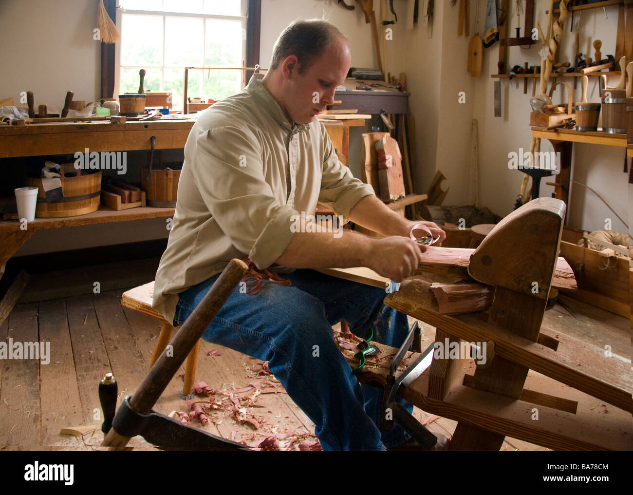 Woodworker at the Shaker Village of Pleasant Hill in Shaker Hill, Kentucky Stock Photo