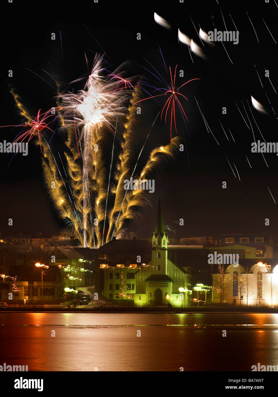 New Years Eve, Fireworks, Reykjavik Iceland Stock Photo