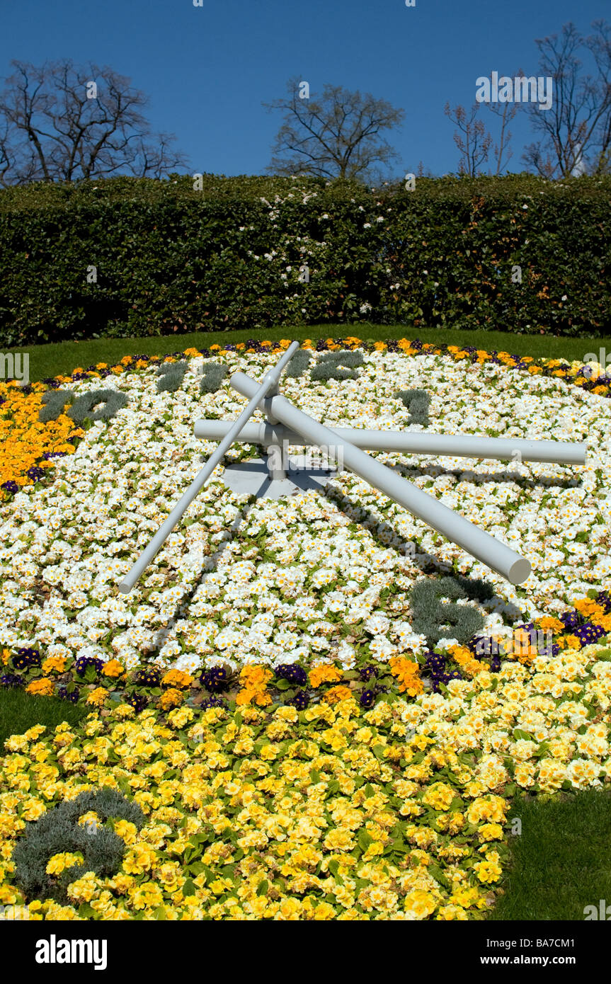 Floral (or flower) clock, one of the most famous landmarks of Geneva, Switzerland, sits in the Jardin Anglais (English Garden). Stock Photo