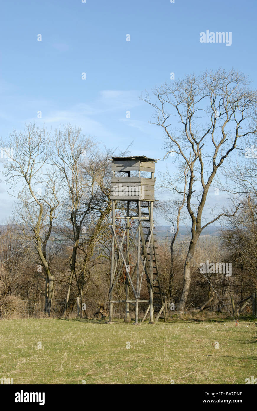 Hunting viewing tower overlooking field on edge of the South Downs, West Sussex, England Stock Photo